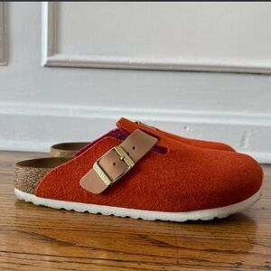 Birkenstock x Concept Boston Orange Wool Mules with Gold Buckle